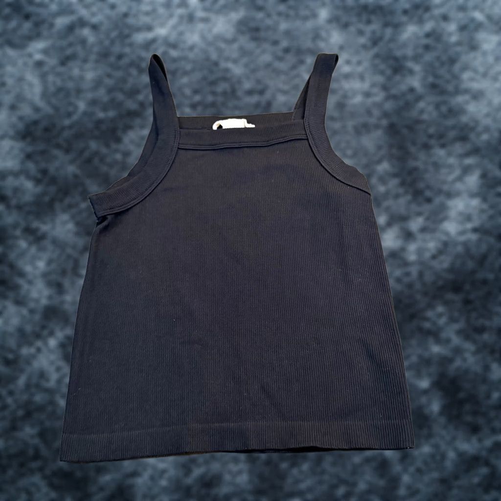 Vintage Happily Grey Black Ribbed Square Neck Tank Top Womens XS/S Size XS Tank Top, Sleeveless, Strappy, Knit, Casual, Slim, Black, Square Neck, Basic, Women Size XS / US 0-2 / IT 36-38 - 1 Thumbnail