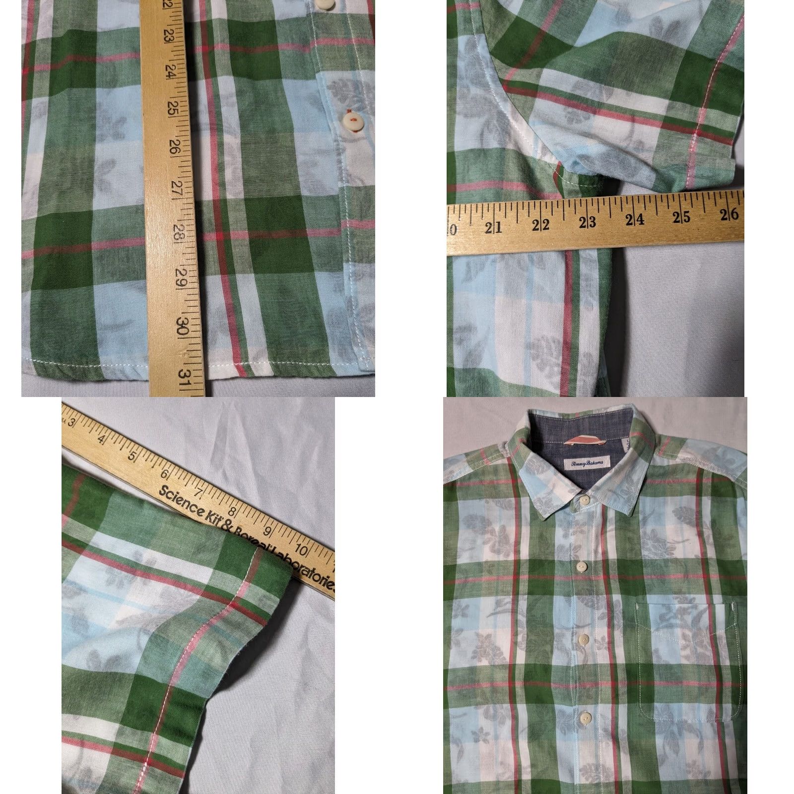 Tommy Bahama TOMMY BAHAMA Men L Button-Up Shirt Plaid Green Blue Floral Lined Cotton Short Sleeve Casual Travel Size US L / EU 52-54 / 3 - 8 Thumbnail