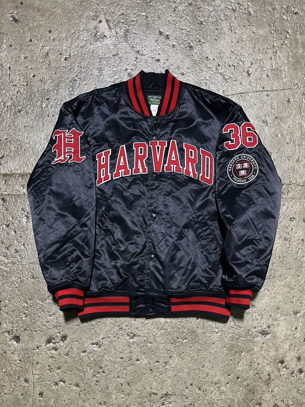 image of Crazy Vintage 90's Harvard Satin Spellout Jacket Collegiate in Black/Red, Men's (Size 2XL)