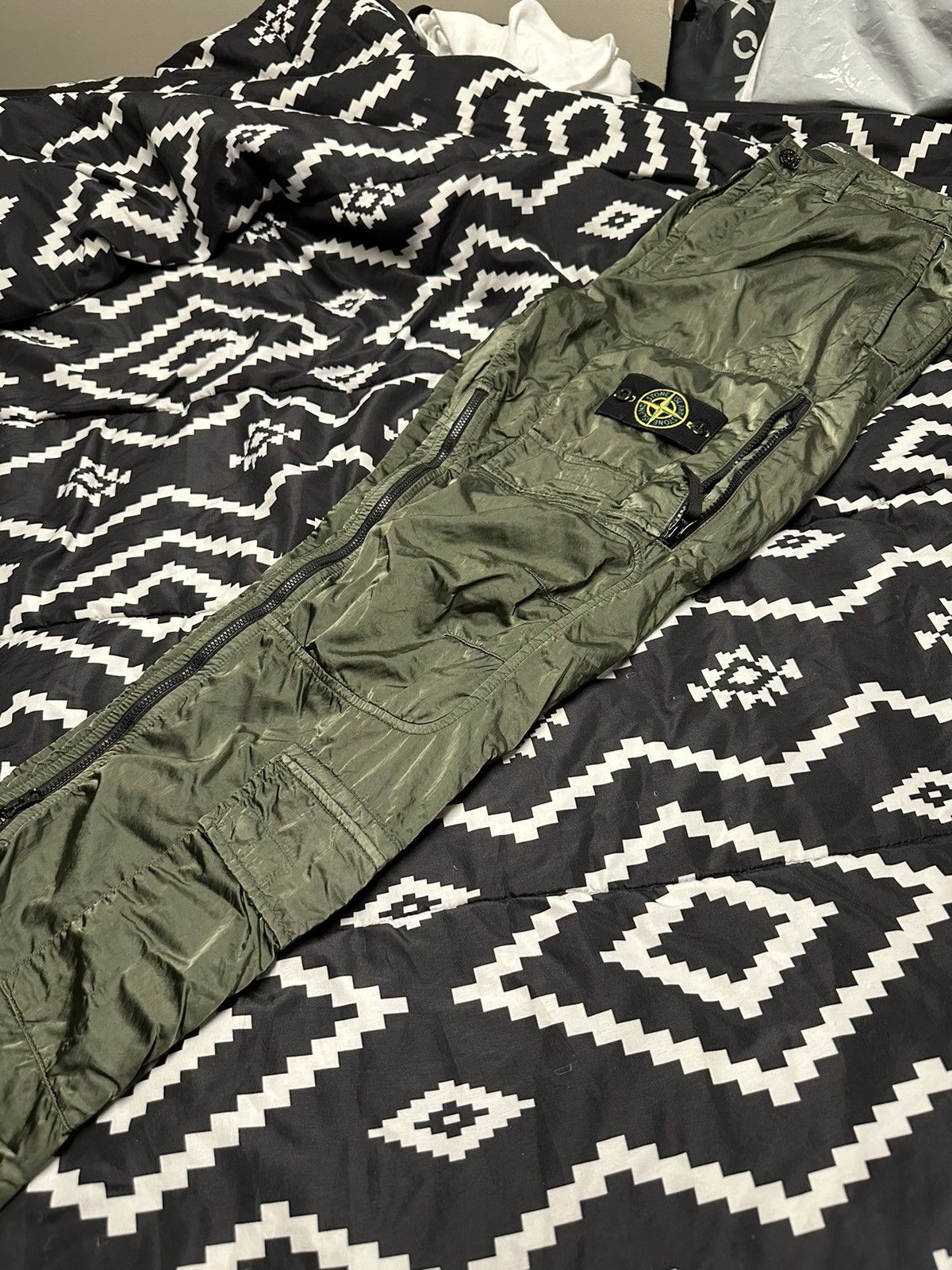 image of Stone Island Satin Cargo Pants in Green, Men's (Size 31)