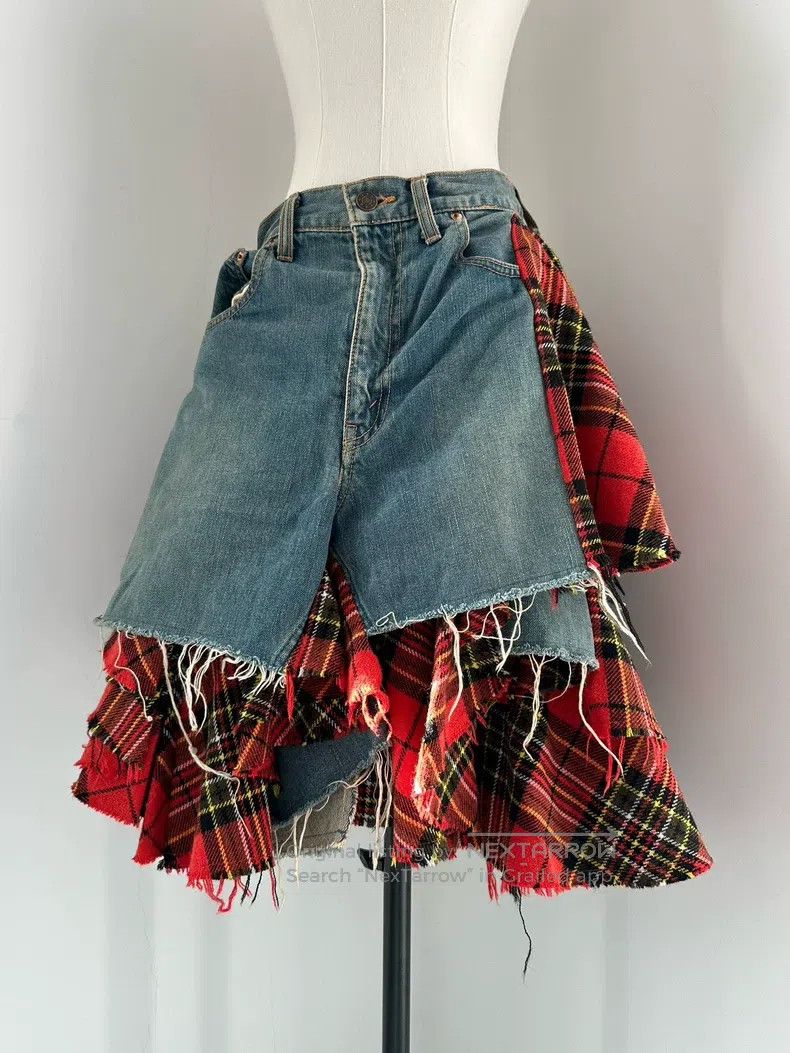 Junya Watanabe Junya Watanabe size M Heavy Plaid Patchwork Denim Skirt Size 23" - 1 Thumbnail