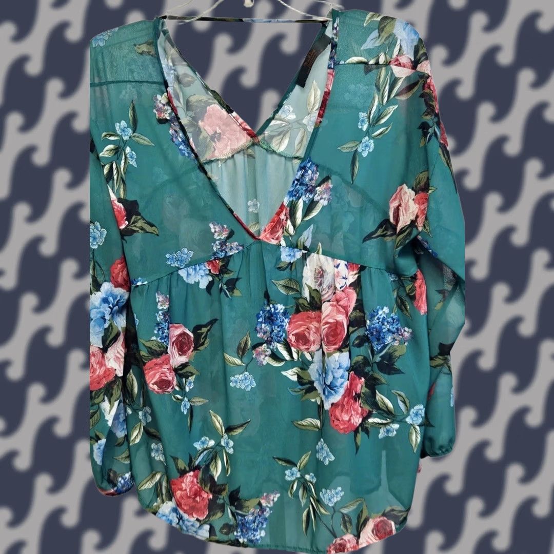 Vintage Women’s L Madeline Teal Floral Chiffon Sheer Boho Romantic V Neck Blouse Size L / US 10 / IT 46 - 1 Thumbnail