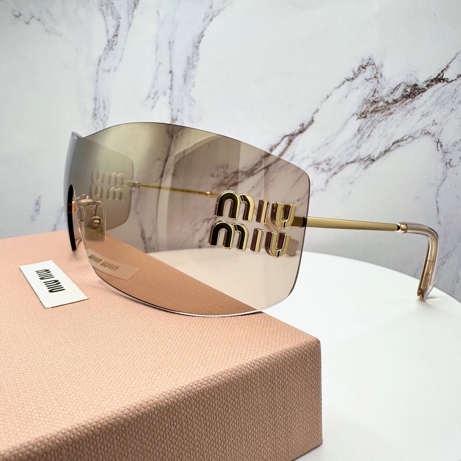 Miu Miu New MIU MIU Sunglasses Gold Light Mirror Bronze Rimless Wrap Size ONE SIZE - 21 Thumbnail