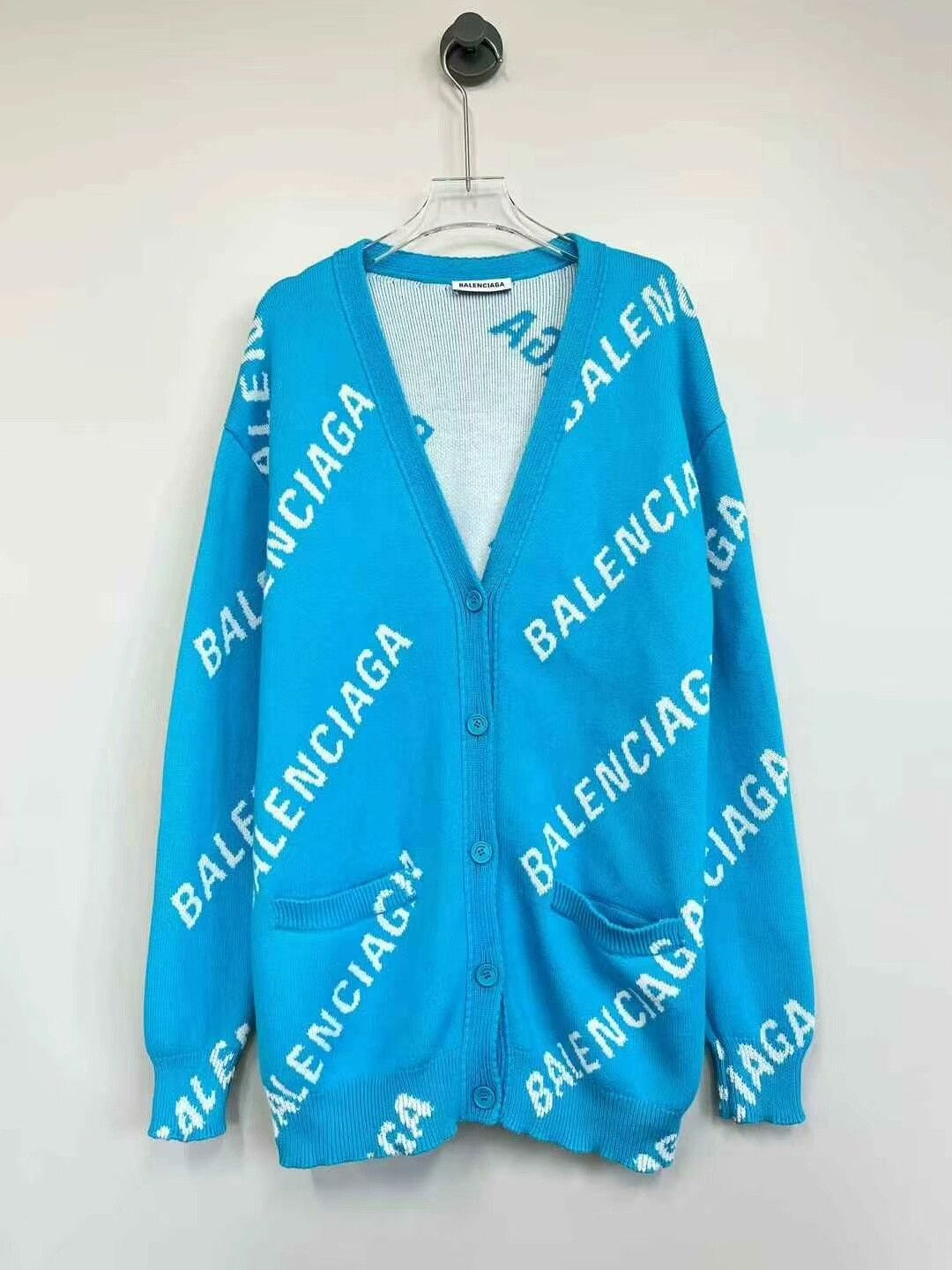 Balenciaga Blue Logo Knit Cardigan Coat - laplaya.ma