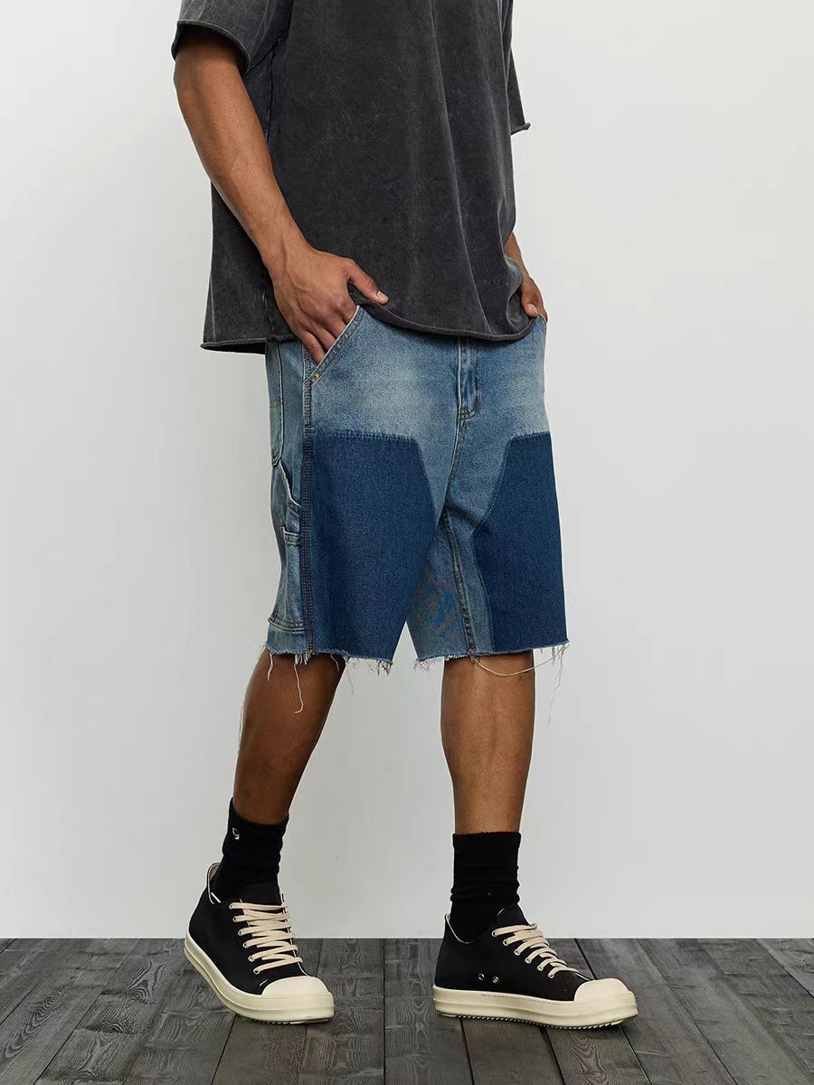 Washed patchwork vintage lumberjack denim shorts