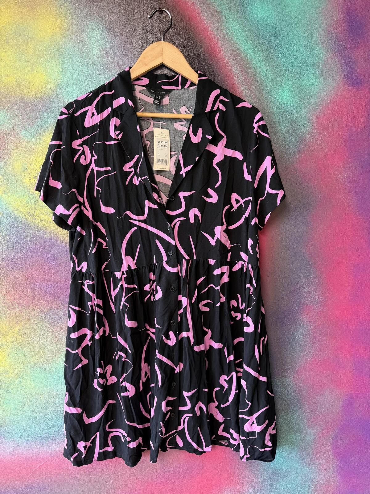Other New look black and pink abstract print dress in size 14 Size L / US 10 / IT 46 - 1 Thumbnail