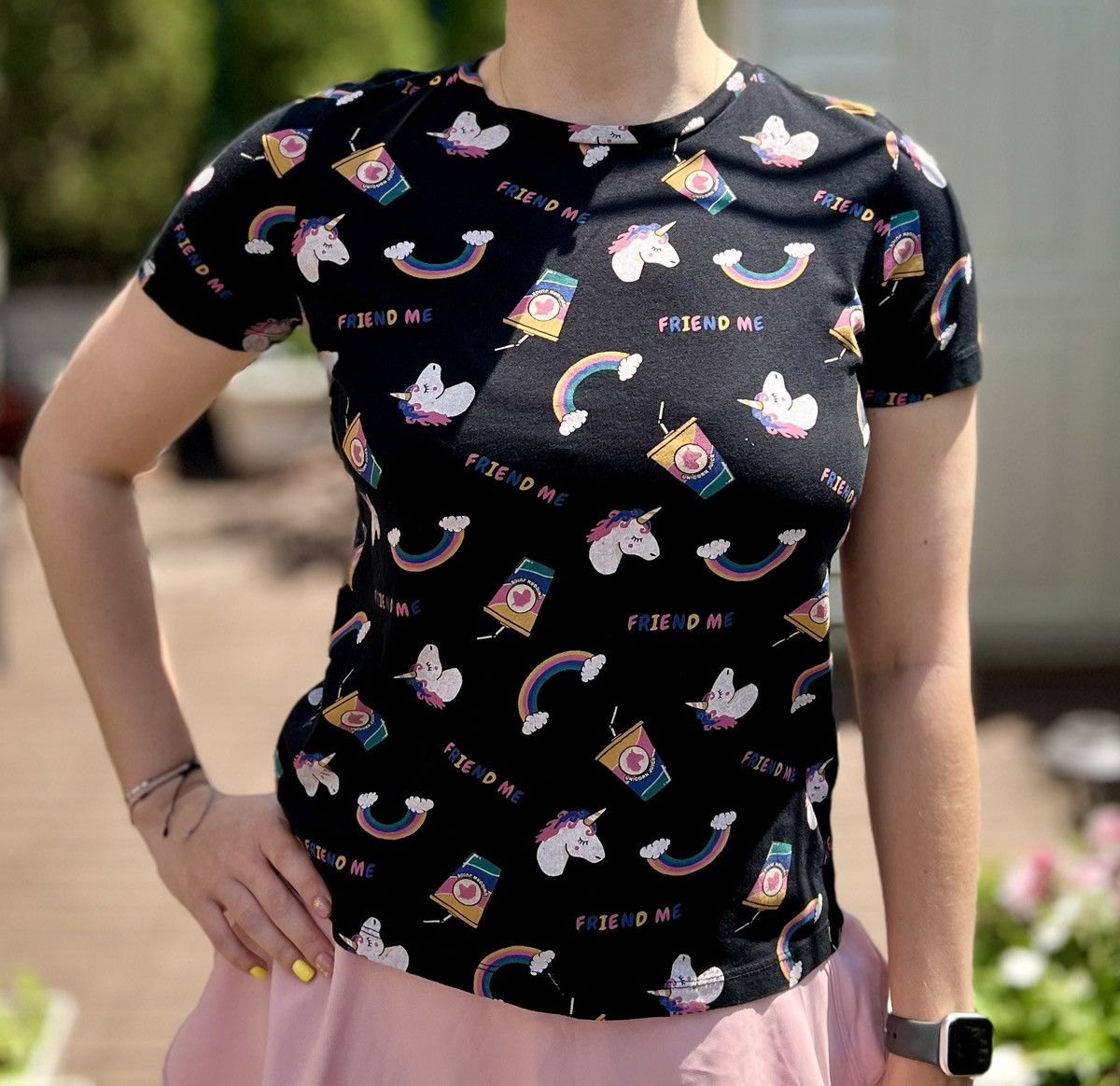 Pull & Bear Pull & Bear Women's Black Cotton Unicorn & Rainbow Print Size S / US 4 / IT 40 - 1 Thumbnail
