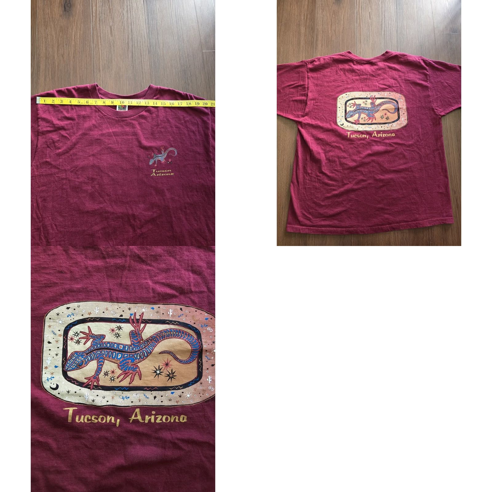 Fruit Of The Loom VINTAGE 1990s Y2K Tucson Arizona Lizard Tee XL Double Sided Southwestern Cotton Graphic Tee Unisex Maroon 1990s Size US XL / EU 56 / 4 - 8 Thumbnail