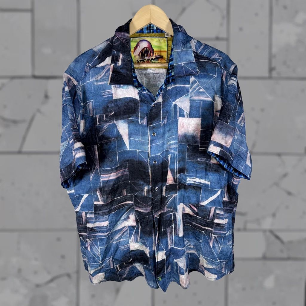 Robert Graham Robert Graham Silk Blend Geometric Print Button-Up Shirt Mens 2XL Short Sleeve Blue Classic Fit Size US XXL / EU 58 / 5 - 1 Thumbnail