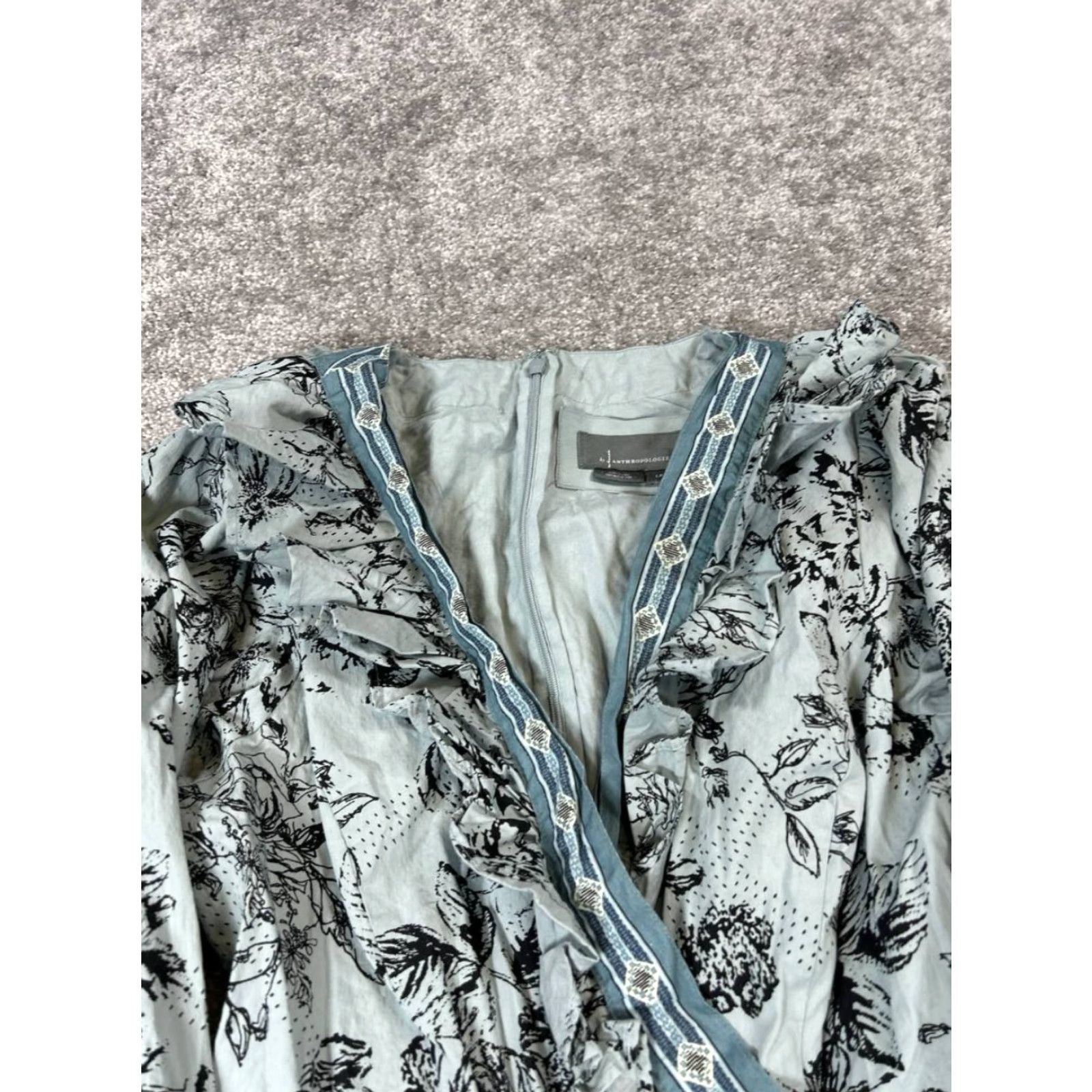 Anthropologie Anthropologie Dress Blouson Womens L Blue Floral Cotton Wrap 3/4 Sleeve V-Neck Tie Short A-Line, Party/Cocktail, Spring Summer Fall, Regular Shirt? Size L / US 10 / IT 46 - 2 Thumbnail