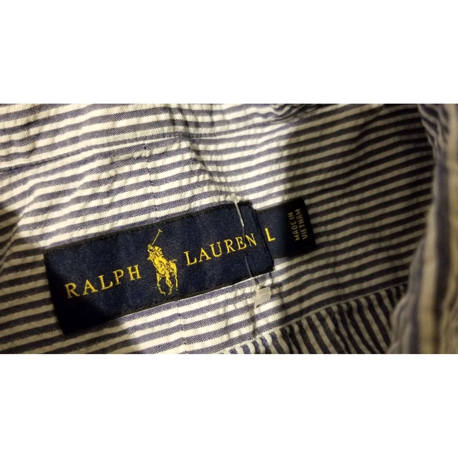 Polo Ralph Lauren Polo Ralph Lauren Mens L Blue Cotton Stripes Seersucker Button Dress Shirt Size 42R - 3 Thumbnail
