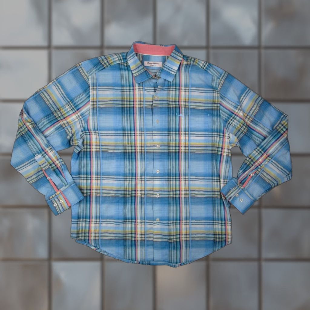 Tommy Bahama Tommy Bahama Men's Large Blue Plaid Island Zone Pima Cotton Blend Button Up Long Sleeve Shirt Size US L / EU 52-54 / 3 - 1 Thumbnail