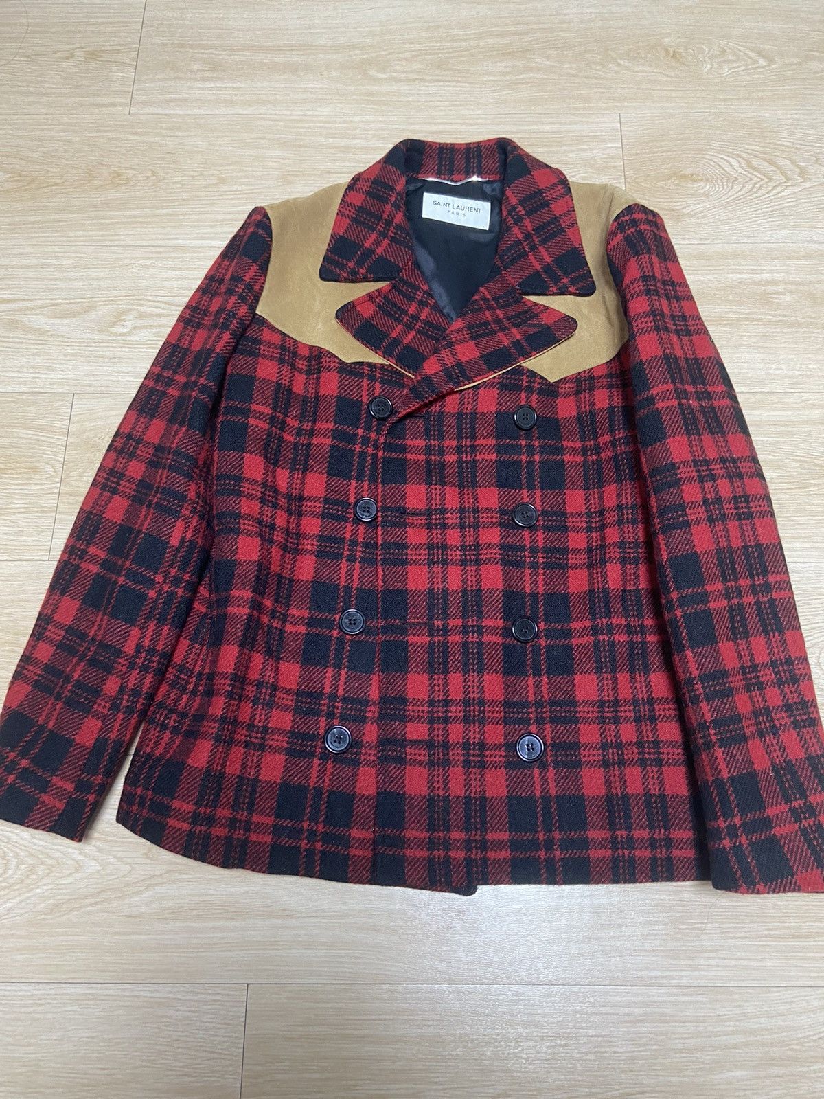 Hedi Slimane × Saint Laurent Paris 48 Saint Laurent Western suede trim flannel peacoat jacket Size US M / EU 48-50 / 2 - 1 Thumbnail