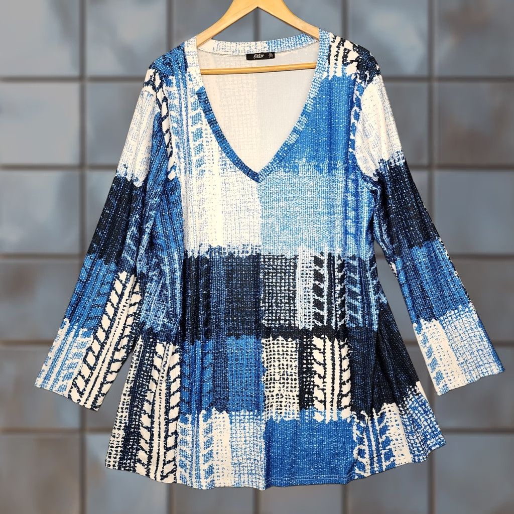 Vintage Lily by Firmiana Womens Top 3XL Blue Abstract V Neck Stretch Long Sleeve Tunic Size XXL / US 16-18 / IT 52-54 - 1 Thumbnail