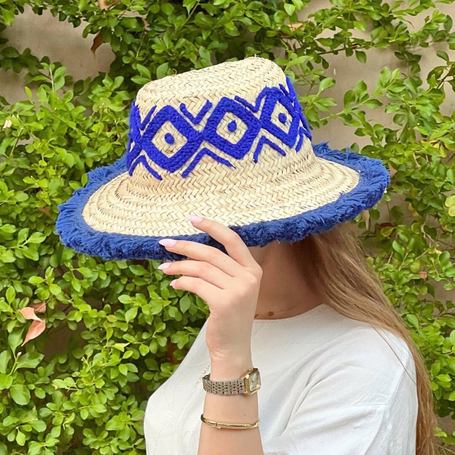 Vintage Moroccan Handmade Blue Patterned Straw Hat Size ONE SIZE - 1 Thumbnail