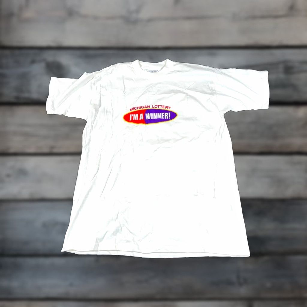 Fruit Of The Loom VINTAGE Michigan Lottery I'm a Winner T-Shirt Adult XL White Heavyweight Retro Fruit of the Loom Mens T-Shirt Graphic Tee Size US XL / EU 56 / 4 - 1 Thumbnail