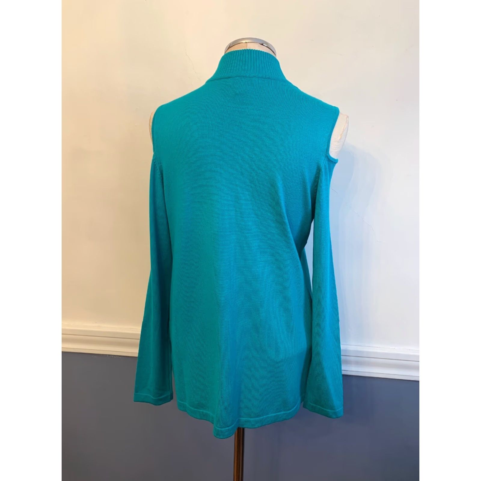 Vintage Susan Graver Women's Teal Cold Shoulder Sweater Mock Turtleneck Keyhole Medium N Size M / US 6-8 / IT 42-44 - 5 Thumbnail