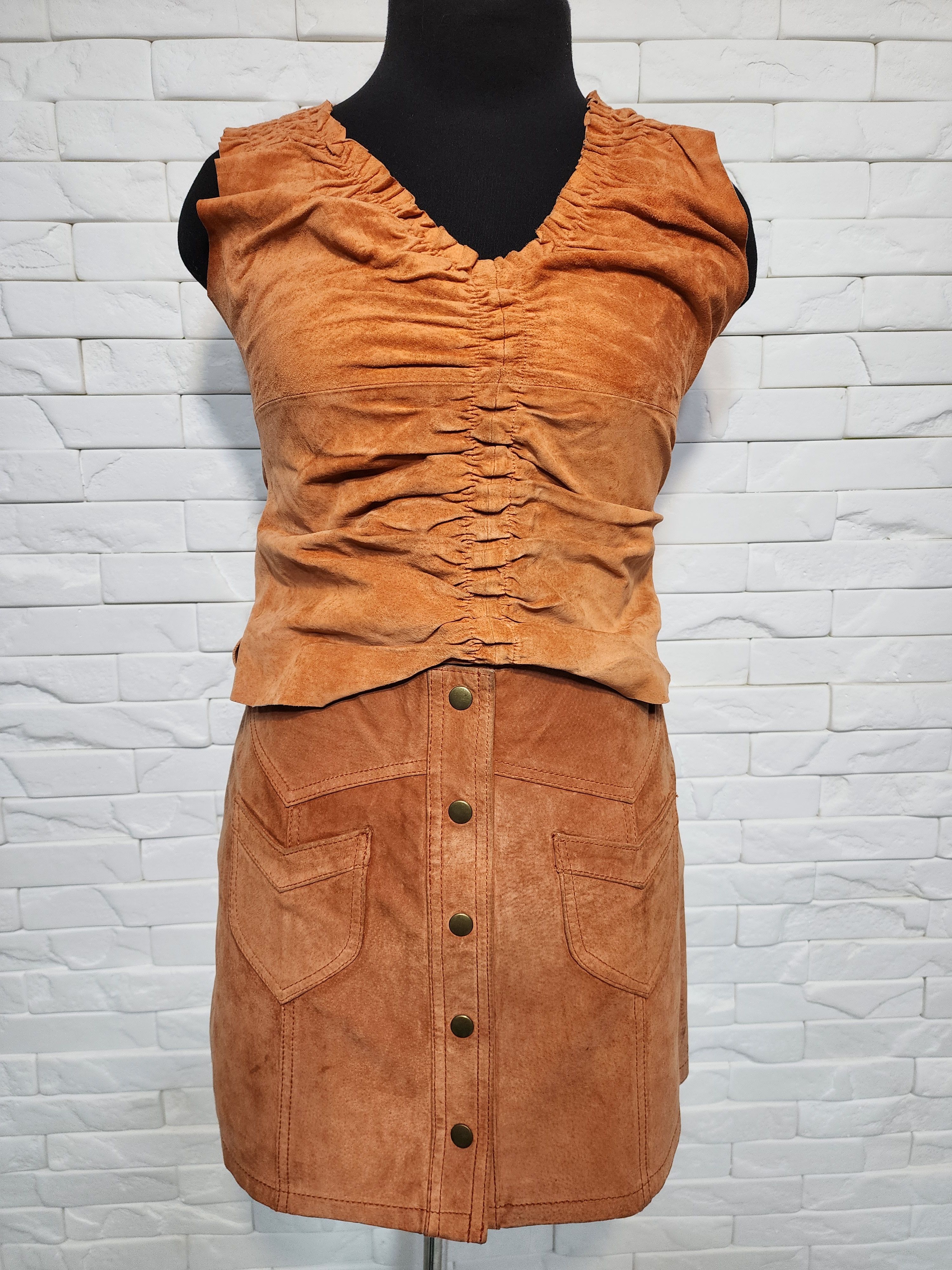 Genuine Leather Vintage Brown Leather Suit: Suede Vest & Skirt Size 29" - 5 Thumbnail