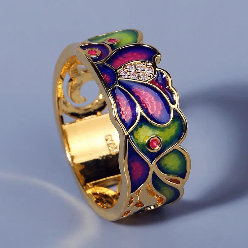 Jewelry Creative Enamel Golden Charming Flower Cubic Zirconia Size ONE SIZE - 4 Thumbnail