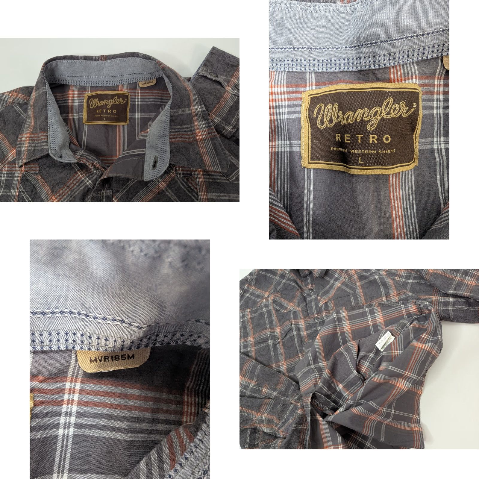 Wrangler Wrangler Retro Western Pearl Snap Long Sleeve Premium Shirt MVR185M Big & Tall Gray Cotton Button-Up Plaid Cowboy Western Mens Clothing Size US L / EU 52-54 / 3 - 8 Thumbnail