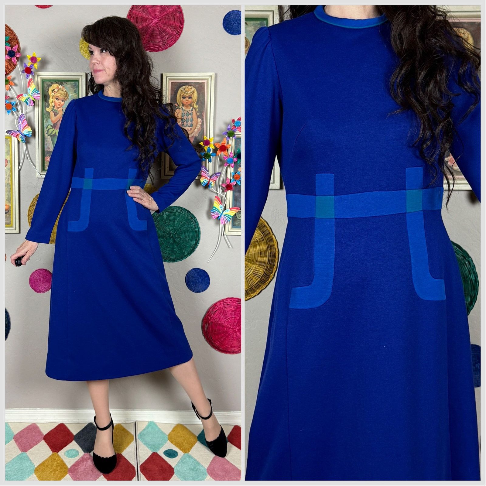 Vintage Vintage 1970s Blue Wool Long Sleeve Knit Sweater Dress Size S / US 4 / IT 40 - 1 Thumbnail