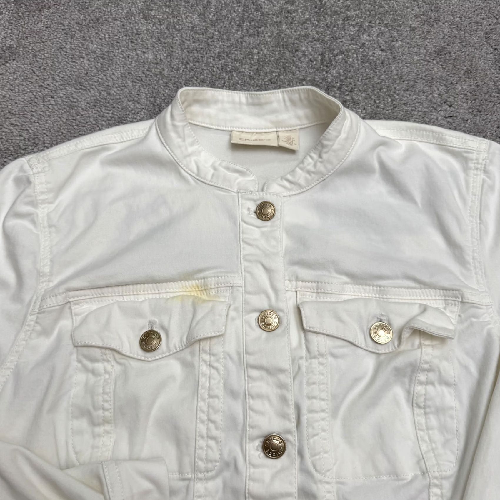 Vintage Chico's Jacket Women 3/XL White Denim Floral Embroidered Style Button Collarless Size XL / US 12-14 / IT 48-50 - 5 Thumbnail