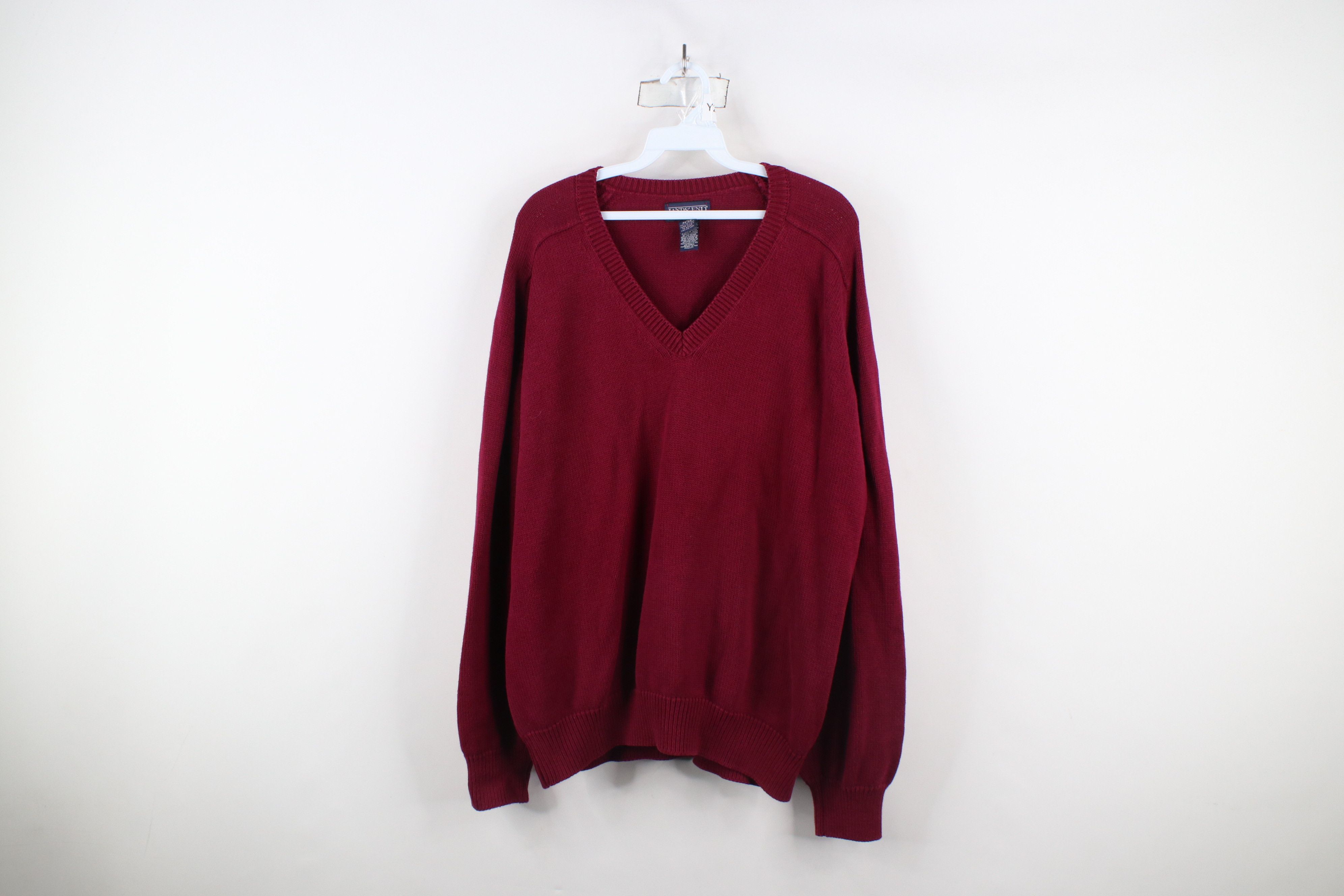Lands' End × Vintage Vintage 90s Lands End Cotton Knit V-Neck Sweater Red USA Size US L / EU 52-54 / 3 - 1 Thumbnail