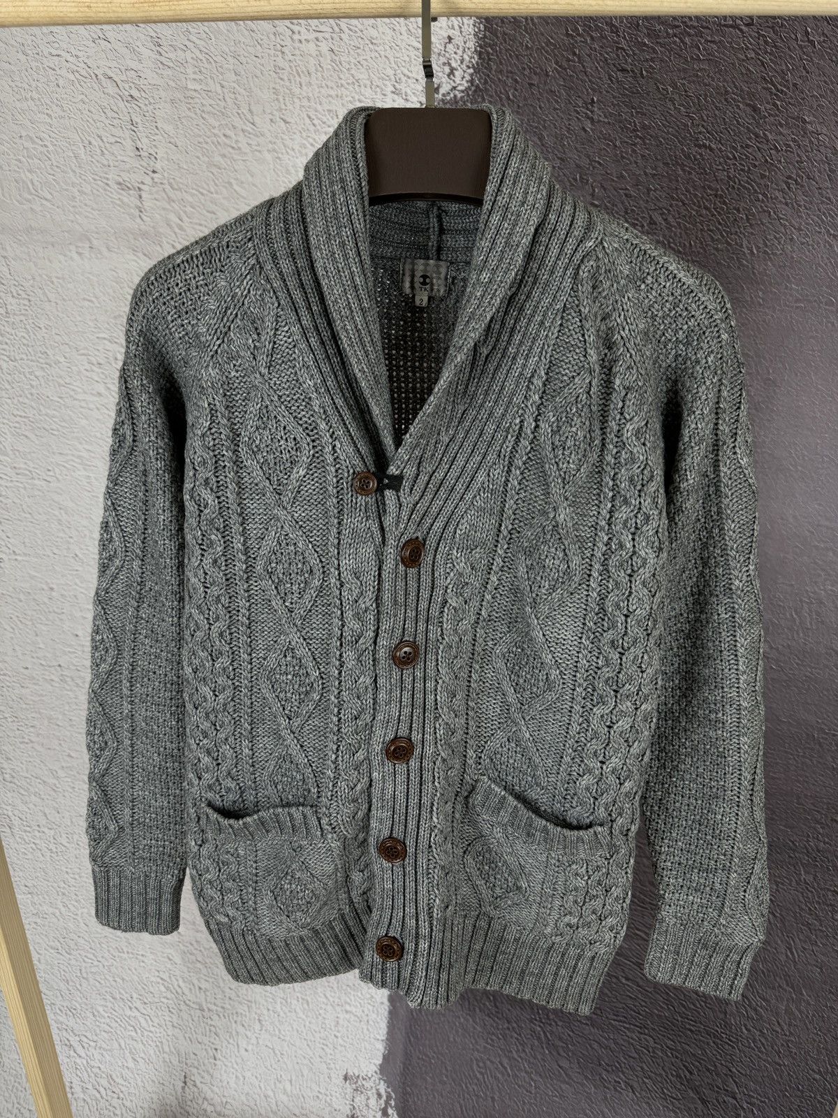 Japanese Brand × Takeo Kikuchi × Vintage TK Takeo Kikuchi vintage grey shawl neck cable knit cardigan Size US S / EU 44-46 / 1 - 7 Thumbnail