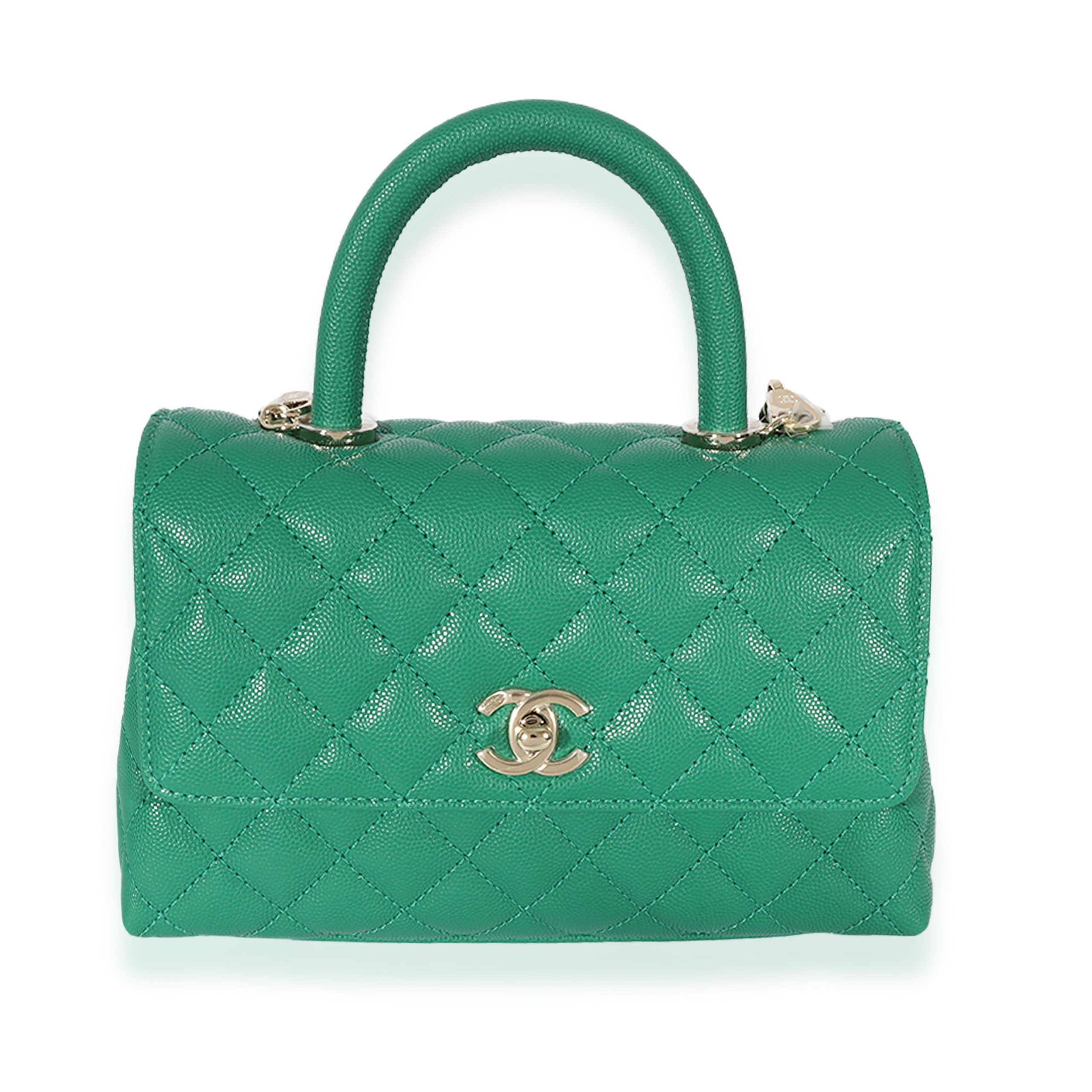 image of Chanel 22A Green Quilted Caviar Mini Coco Top Handle Flap Bag, Women's