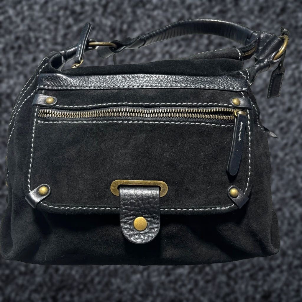 ECCO Medium Hobo Shoulder Bag Black Suede Classic Travel Workwear with Pockets Zipper Womens