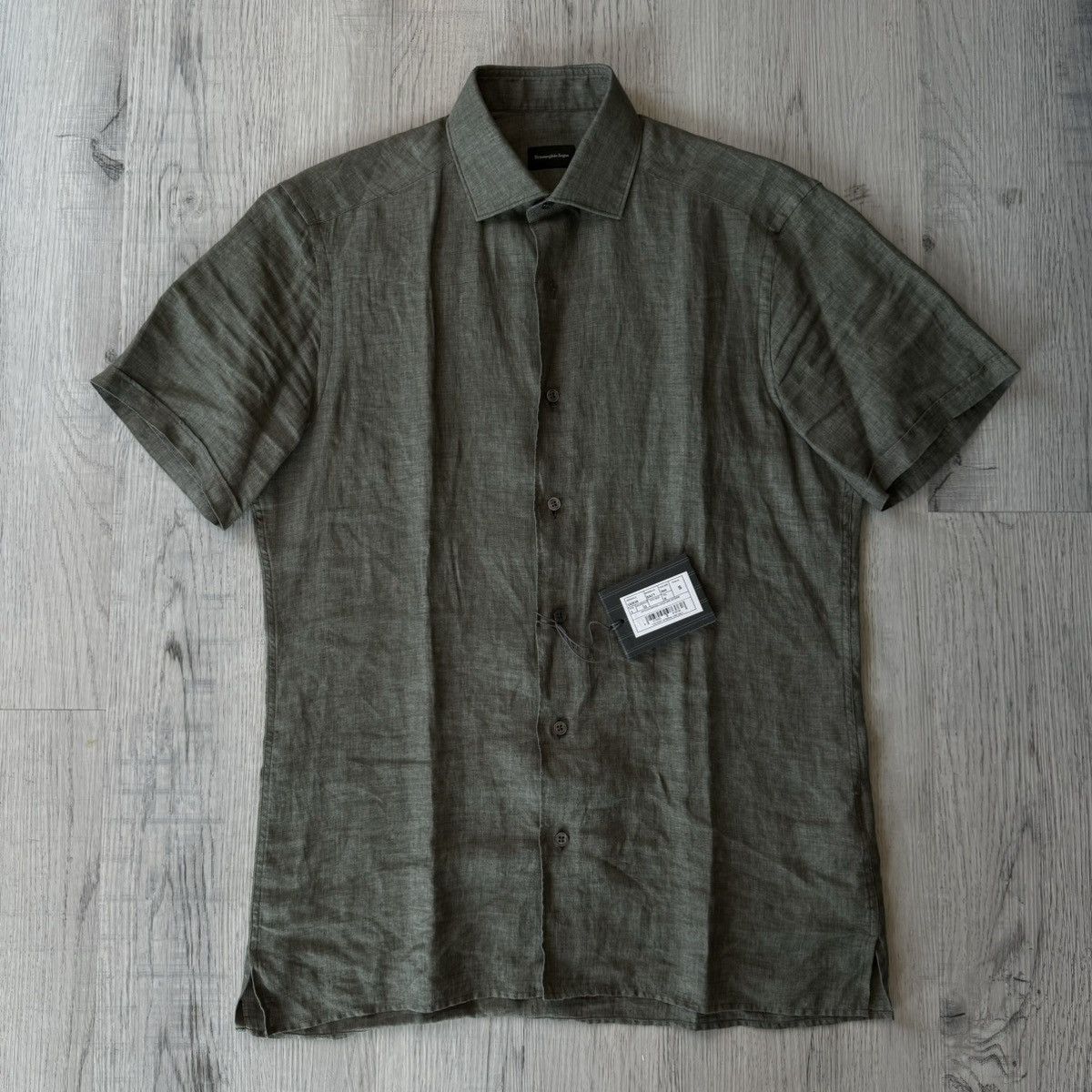 image of Ermenegildo Zegna Zegna Linen Button Down Short Sleeve Shirt - Green - Small, Men's