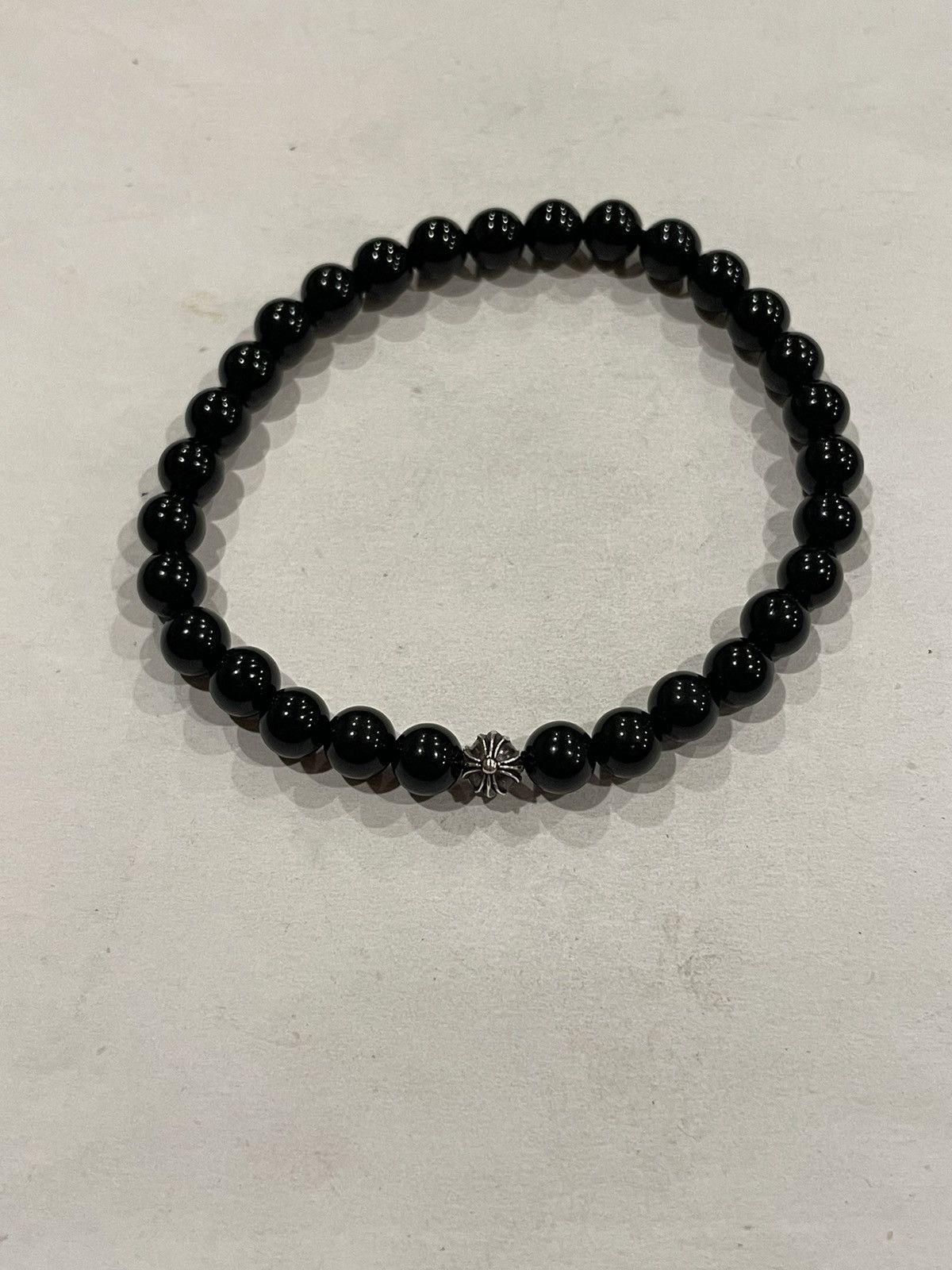 image of Chrome Hearts Onyx 6Mm Bead Bracelet Silver Cross Charm in Black/Silver, Men's
