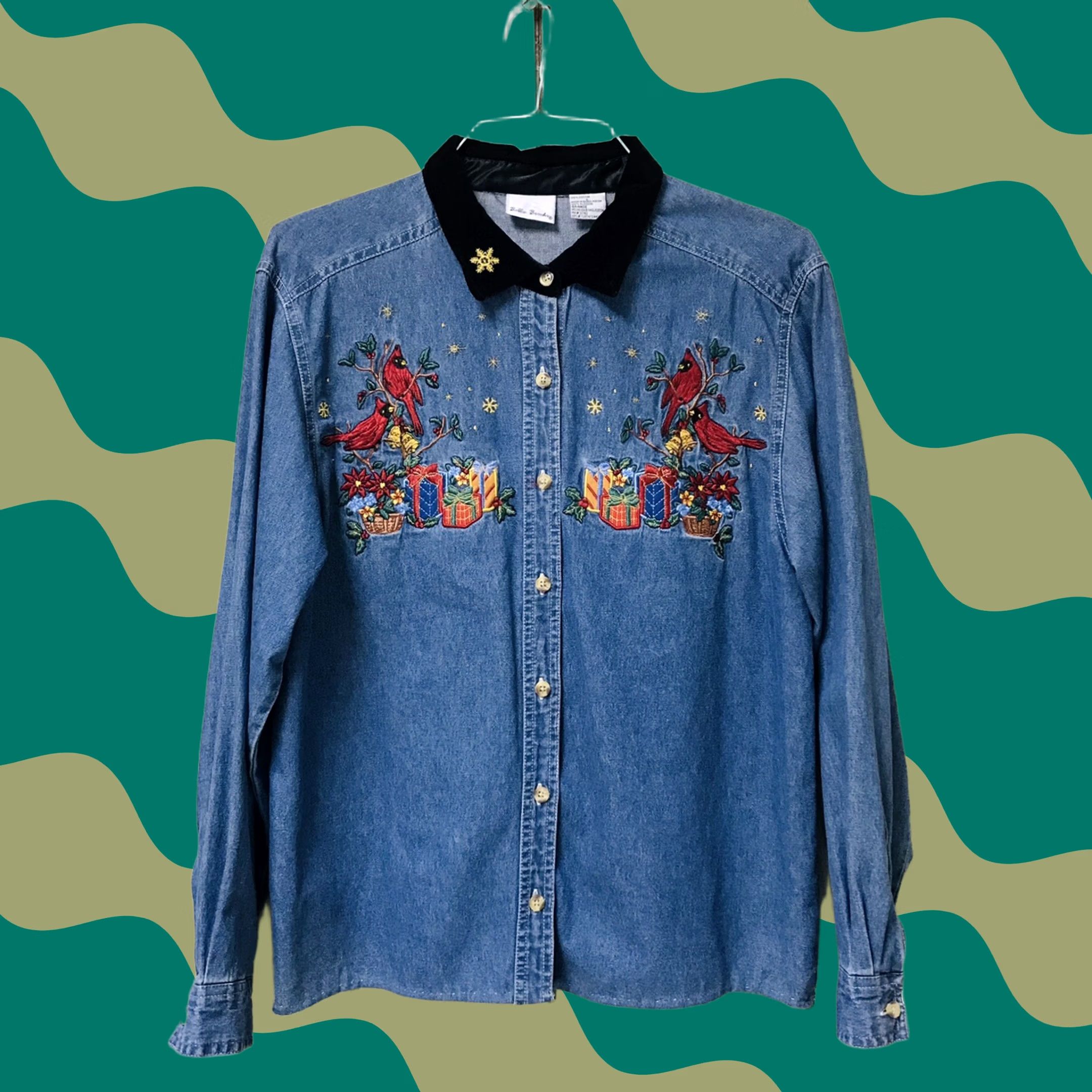 Vintage VINTAGE Bobbie Brooks Women Shirt L Christmas Embroidered Button-Up Long Sleeve Blue Cardinal Tangible Velvet Trim Collar Size L / US 10 / IT 46 - 1 Thumbnail