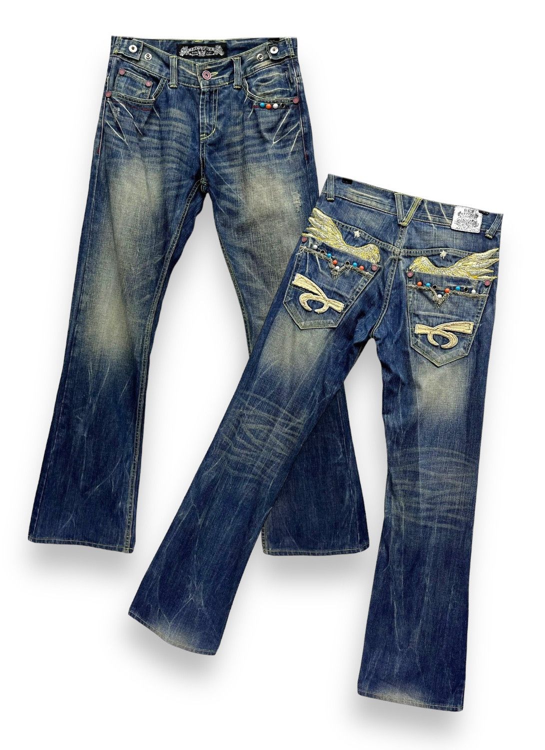 Red Clouds Collective 🔥REDPEPPER Embroidery Wings Flare Distressed Denim Size US 29 - 2 Thumbnail