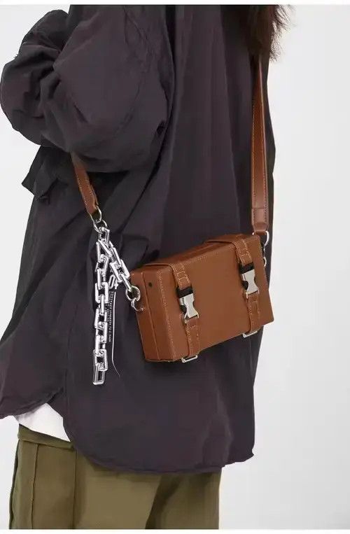 Y2K Pu Leather Buckle Chain Shoulder Box Bag in Brown, Men's