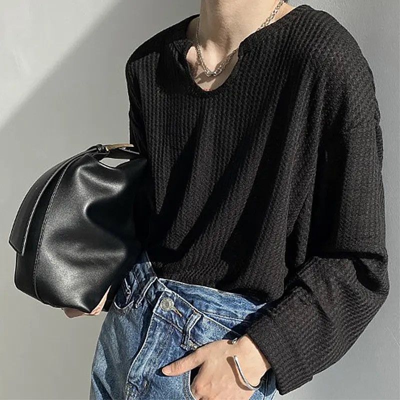 Vintage Korean fashion grey U neck long sleeve waffle top Size US M / EU 48-50 / 2 - 5 Thumbnail