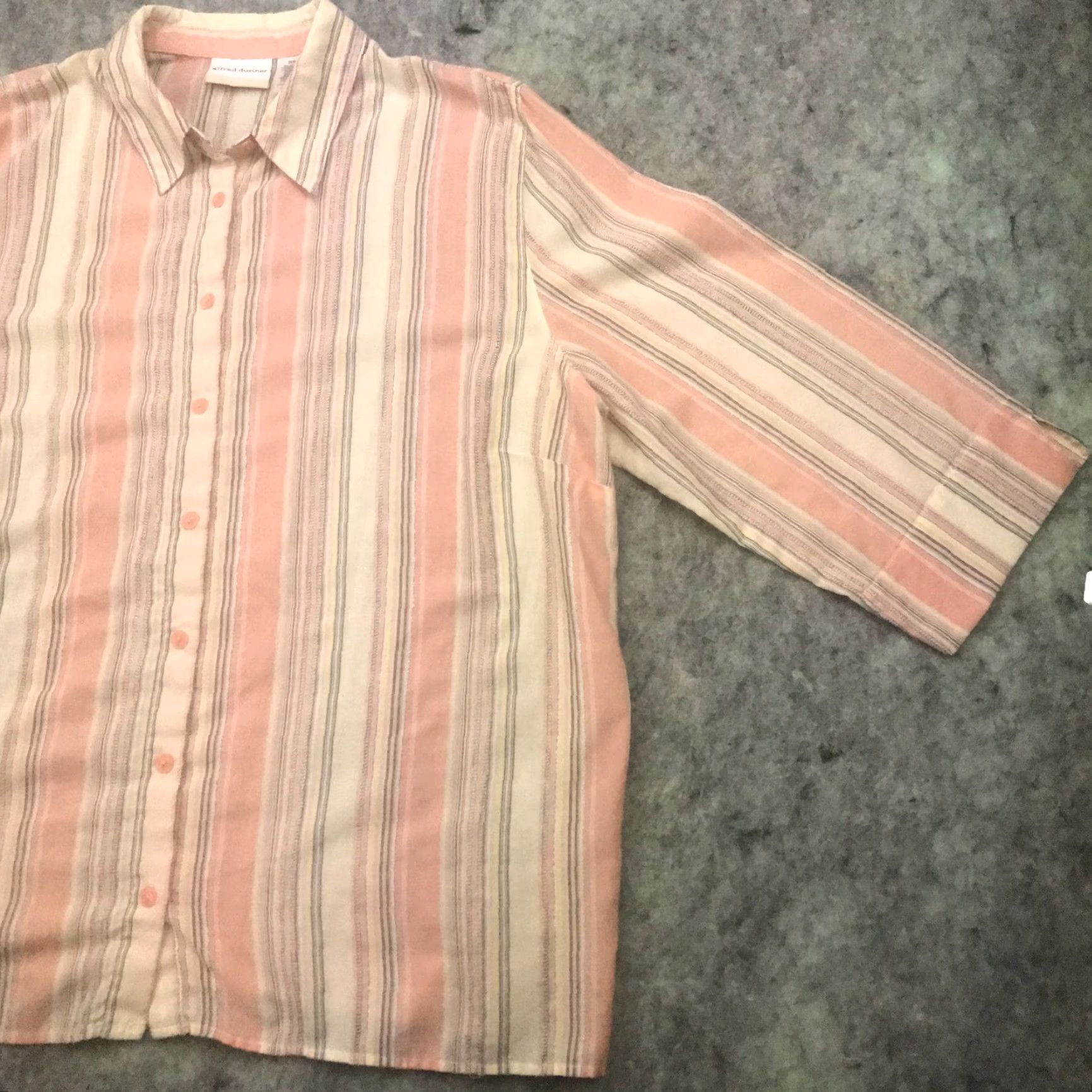 Vintage Alfred Dunner Womens Striped Button-Up Top 22W Beige & Metallic | Cotton Polyester Blend | 3/4 Sleeve | Collared | Plus Size | Shirt - Womens Size 3XL / US 20-22 - 2 Thumbnail