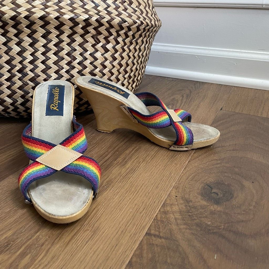 Vintage Vintage 70s 80s Rapallo Rainbow Wedge Mules Heels 7 38 Size US 7 / IT 37 - 3 Thumbnail