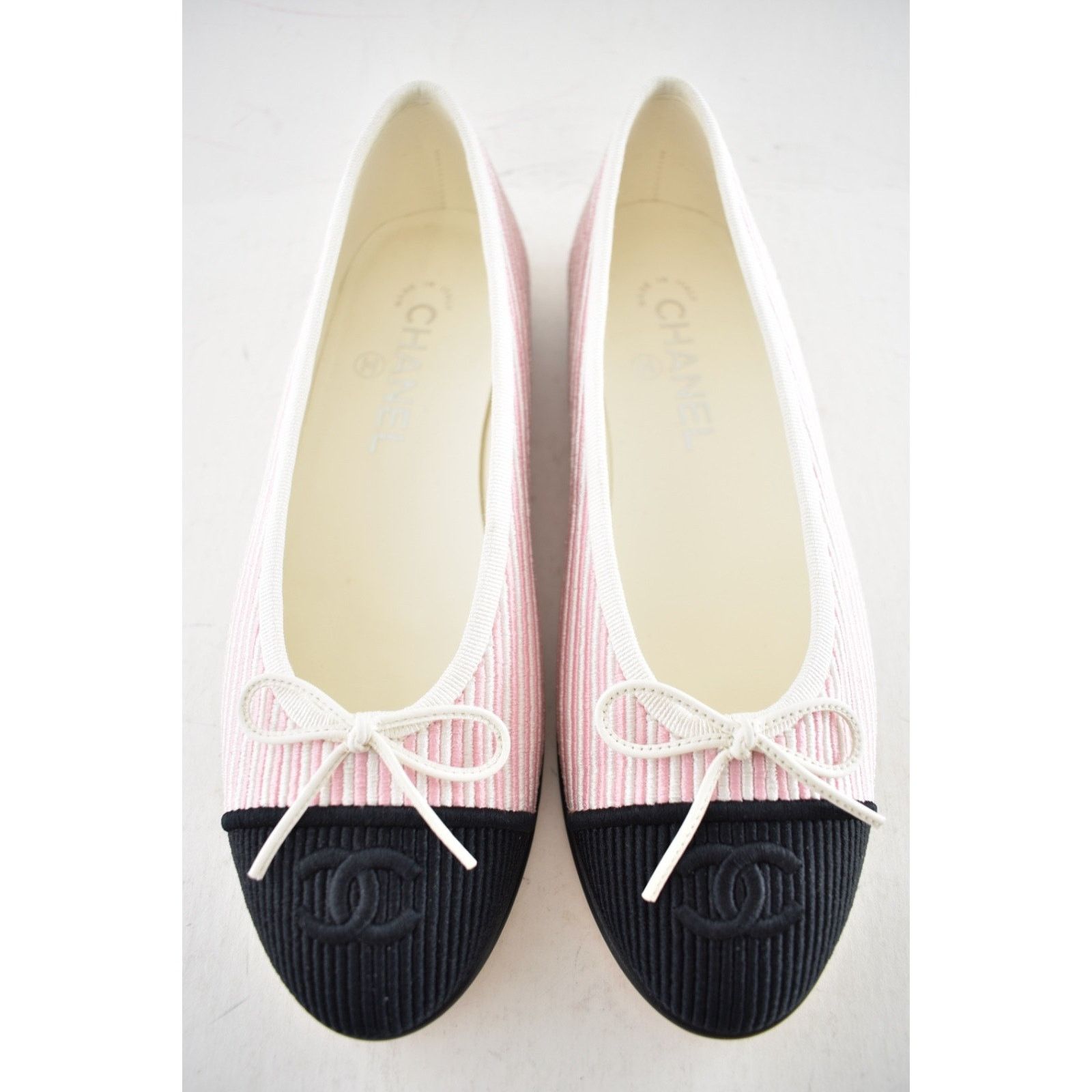 Chanel Chanel 24S Pink White Black Pinstripe Stripe CC Logo Ballet Size US 7 / IT 37 - 8 Thumbnail