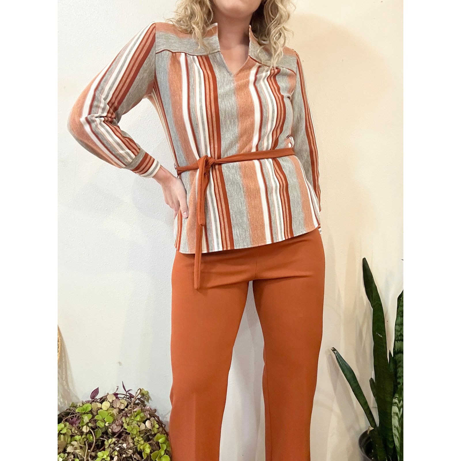 Vintage 70s Burnt Orange Stripe Tunic Set Size 38" / US 16 / IT 52 - 3 Thumbnail