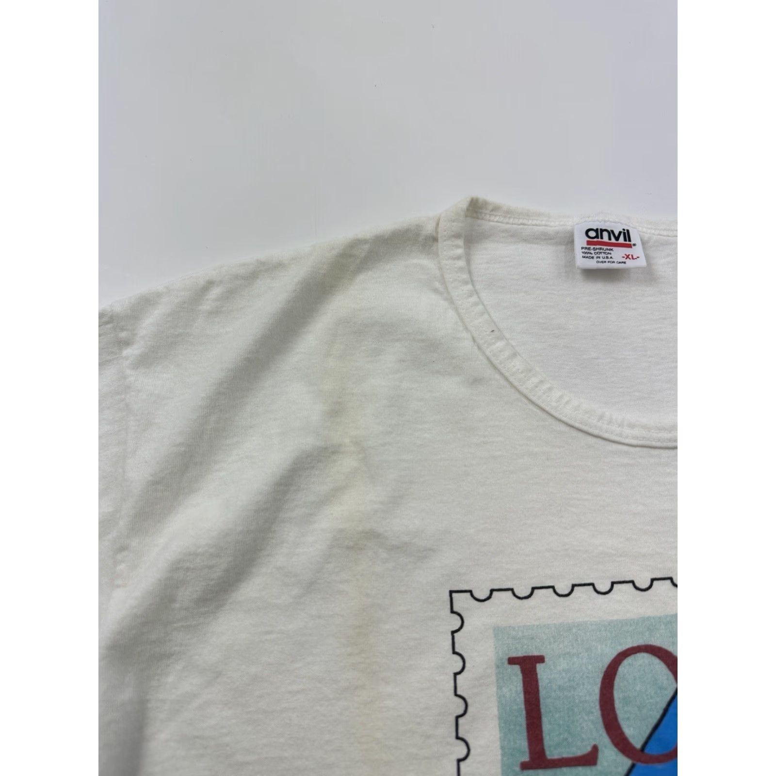 Anvil VINTAGE Anvil Love Stamp Shirt Adult XL White Graphic Print 1991 USA Mens/Womens Size US XL / EU 56 / 4 - 3 Thumbnail