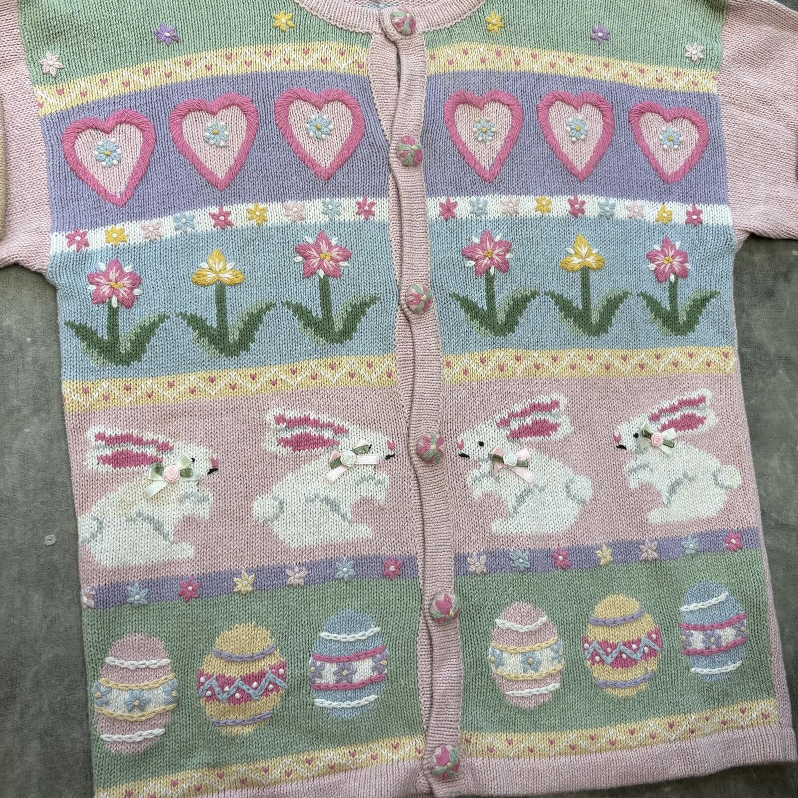 Vintage Vintage 80s Easter Bunny Egg Floral Hearts Sweater Cardigan Size S / US 4 / IT 40 - 3 Thumbnail