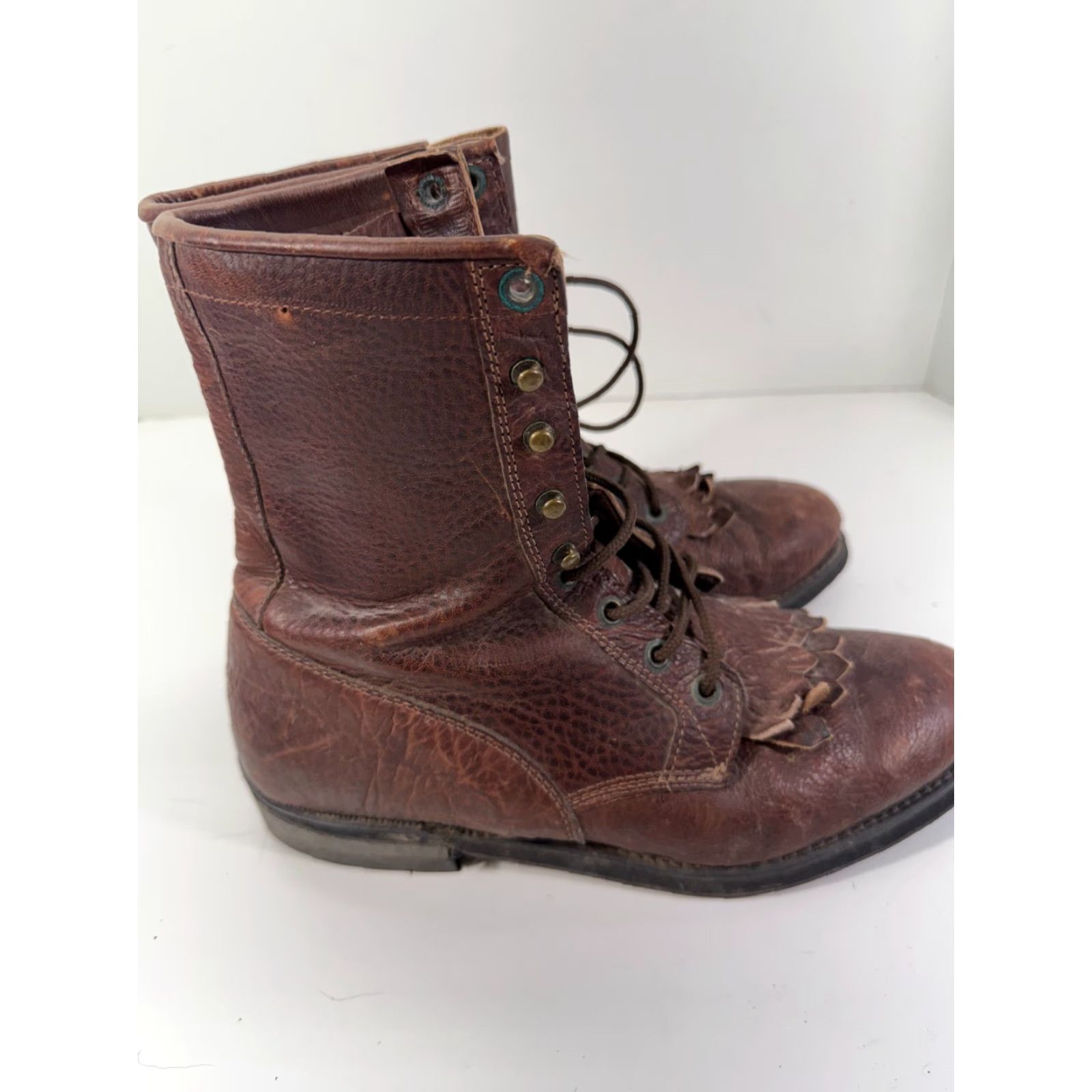 Vintage Boulet Western Boots Mens 9 Brown Leather Lace-Up Almond Toe Cowboy Kiltie Mid-Calf Boots Size US 9 / EU 42 - 6 Thumbnail