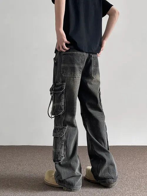 VIBE Black Washed Cargo Denim Jeans with Straps Size US 32 / EU 48 - 4 Thumbnail