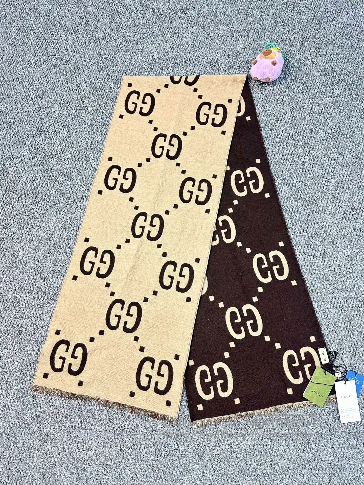 Gucci Guicci Caramel Dual Tone Printed Logo Cashmere Scarf| Size ONE SIZE - 1 Thumbnail