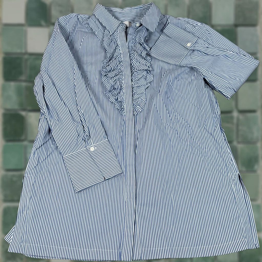 Vintage Chicos Tunic Button-Up Shirt Womens Blue Striped Ruffle Front Classic Office 16/18 XL XS? Size XS / US 0-2 / IT 36-38 - 1 Thumbnail