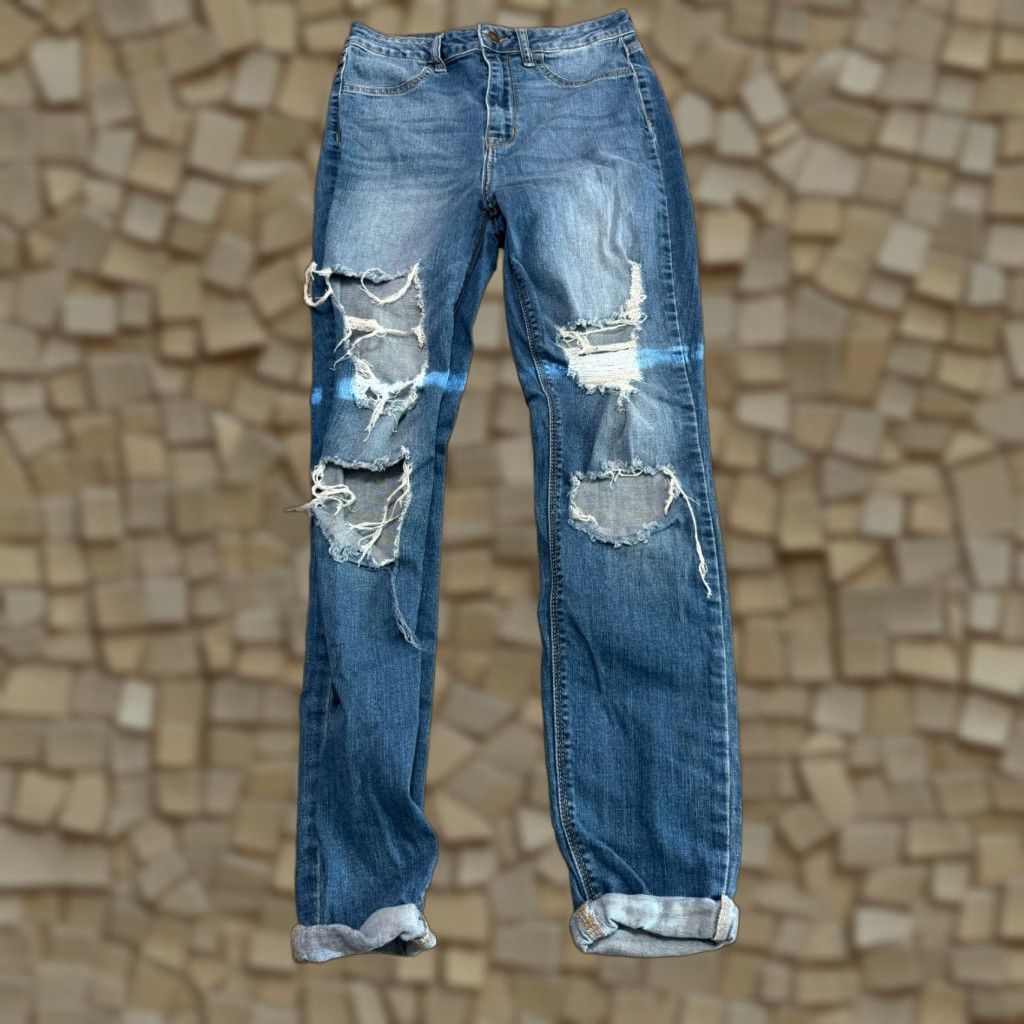 Fashion Nova Fashion Nova Jeans Womens Junior Size 7 Blue Denim Cur-Out Distressed Cuffed Hem Skinny & Slim 5-Pocket Design Regular Womens Size 28" / US 6 / IT 42 - 1 Thumbnail