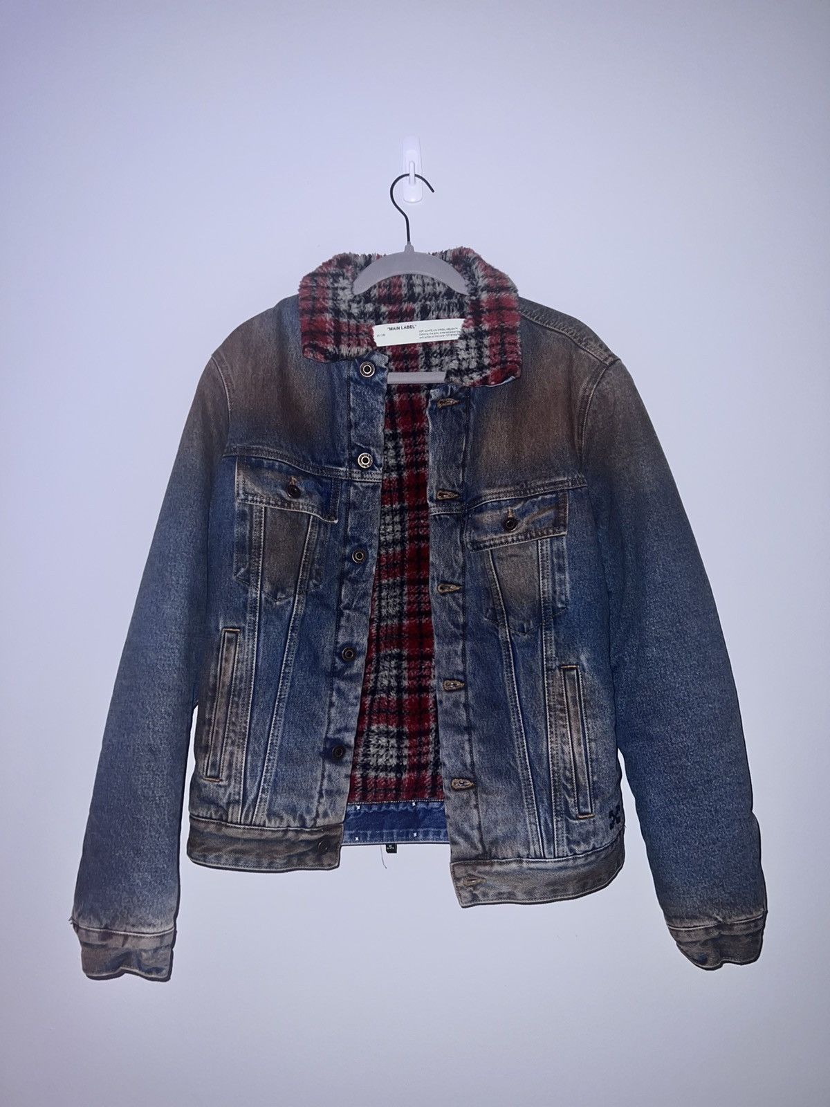 Off-White OFF-WHITE MEN'S DIRTY JEAN JACKET W/ PLAID FAUX SHEARLING Size US S / EU 44-46 / 1 - 1 Thumbnail
