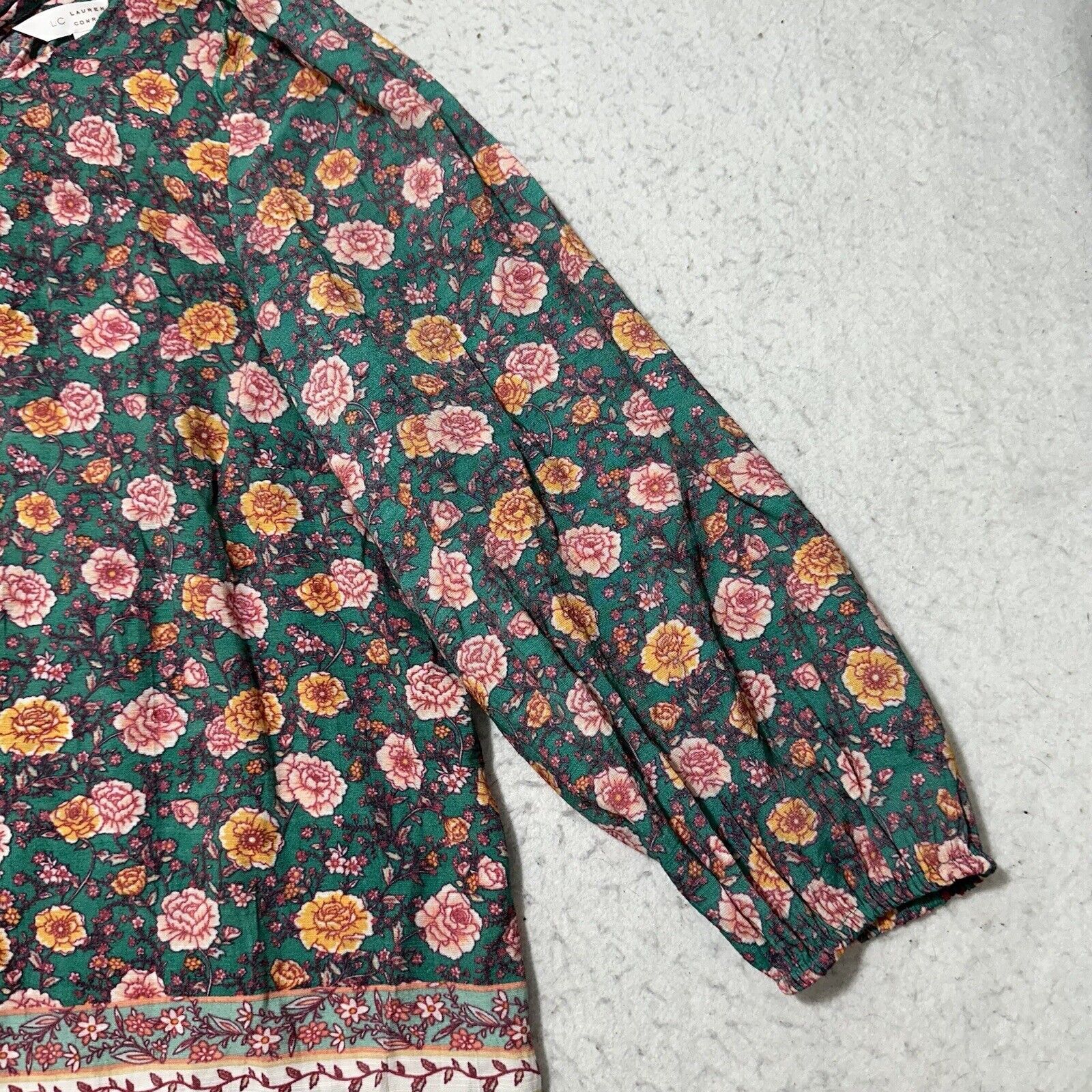 Other Lauren Conrad Medium Green Pink Floral Long Sleeve Blouse Size M / US 6-8 / IT 42-44 - 7 Thumbnail