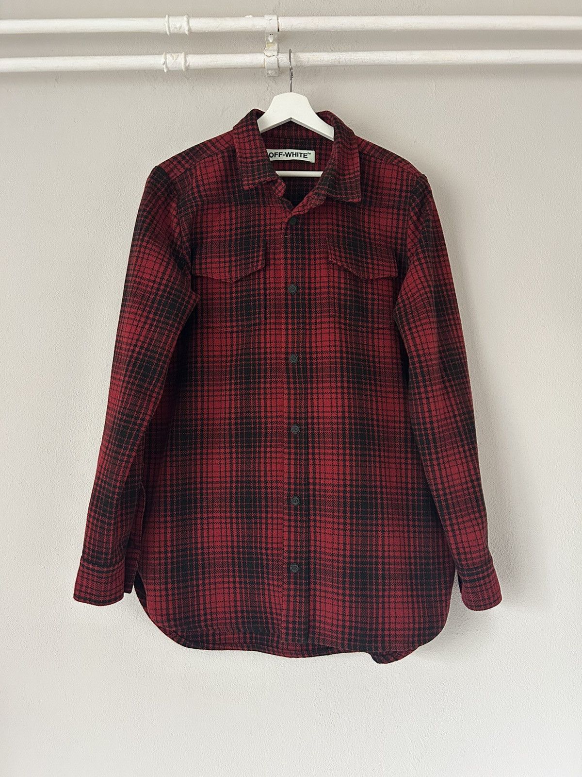image of Off White Check Wool Tartan Shirt in Red, Men's (Size Medium)